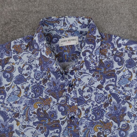 John Henric Shirt Men's 16.5 42 Blue Paisley Milano Button Up Easy Iron Cotton - Picture 2 of 9